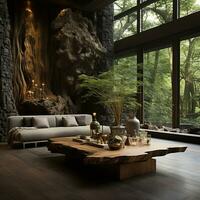 interiör design, levande rum med lugn natur se, skön herrgård design i de skog, ai generativ foto