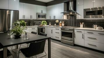 elegant möblerad kök, eleganta skön matlagning område, interiör design, ai generativ foto