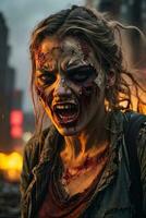 skrämmande zombie med blodig ansikte utomhus, närbild. halloween monster, ai generativ foto