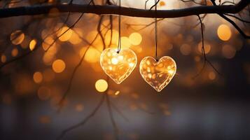 gnistra lysande hjärta reflekterad lampor, orange och guld, fängslande visuell, romantisk landskap, drömmande, kopia Plats, hälsning kort, ai generativ foto