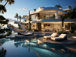 3d modern villa med en simning slå samman och vardagsrum område ai generativ foto