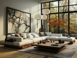 minimalistisk svart och vit hårt träslag golv levande rum med vit soffa och tak ai generativ foto