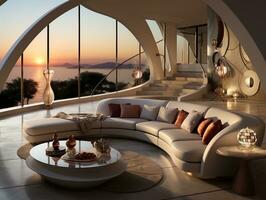 ett interiör hus levande rum med vit kurva soffa och modern möbel ai generativ foto