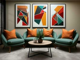 modern levande rum uppsättning med trä- dekor och formad abstrakt geometri duk ai generativ foto