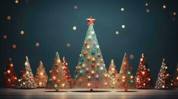 jul träd xmas Semester dekoration med glitter bokeh bakgrund, generativ ai foto