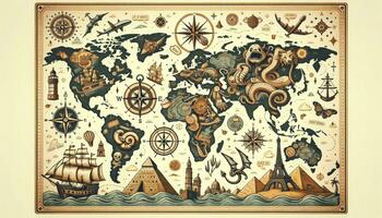 en vintage-inspirerad värld Karta Utsmyckad med landmärken, symboler, och ikoniska representationer från olika länder, förkroppsligande de locka av utforska annorlunda kulturer och destinationer. ai genererad foto
