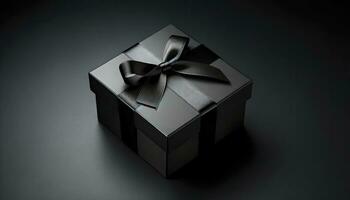 en representation som visar en elegant svart gåva låda med en subtil reflekterande kvalitet och en delikat svart band. ai generativ foto