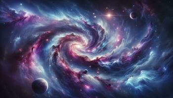 en fascinerande kosmisk scen visa upp en galax med virvlande färger och olika himmelsk kroppar, perfekt för en fängslande skrivbordet bakgrund. ai genererad foto