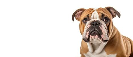 brittiskt bulldogg på vit bakgrund med coy Plats, hund porträtt, ai genererad foto