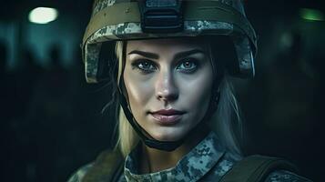 en stark ser kvinna bär militär enhetlig Inklusive kamouflage trötthet och en hjälm. hon är redo för krig till skydda och tjäna henne Land. generativ ai foto