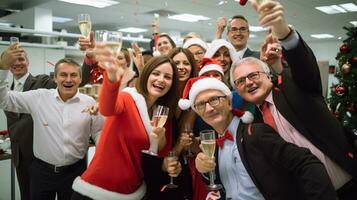 ai generativ företag människor i jul kontor social sammankomst, möte, fest foto