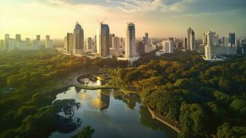 antenn se av bangkok stad lumpini offentlig parkera med kontor byggnad urban bakgrund thailand. generativ ai foto