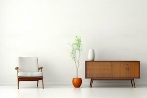 interiör av modern levande rum med fåtölj, bokhylla och växt. 3d framställa ai genererad foto