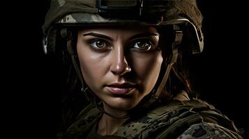 en stark ser kvinna bär militär enhetlig Inklusive kamouflage trötthet och en hjälm. hon är redo för krig till skydda och tjäna henne Land. generativ ai foto