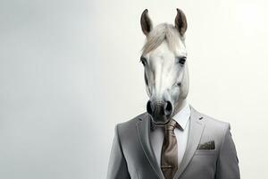 porträtt av en häst i affärsman kostym och slips på en isolerat bakgrund. ai genererad foto