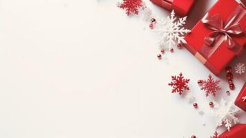 ljus jul ram av gran, röd guld jul dekorationer på vit bakgrund. kopia Plats. vinter- högtider, ny år ai genererad foto