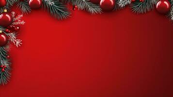 röd bakgrund, dekorerad med jul boll, kopia Plats topp se, lyxig dekoration bakgrund ai genererad foto