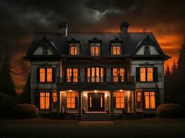 stor skrämmande hus på natt med orange ljus i de fönster illustration foto