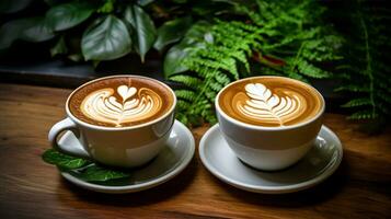 två kaffe kopp med mjölk och konst, Kafé trä- tabell. generativ ai foto