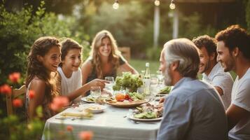 en värma och glad sammankomst av vänner och familj, dining al fresk i en frodig trädgård under en gyllene timme. generativ ai foto