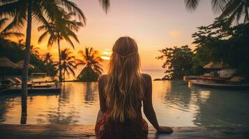 kvinna njuter en lugn solnedgång förbi de poolen med tropisk vibrafon, resa och avslappning tema. generativ ai foto