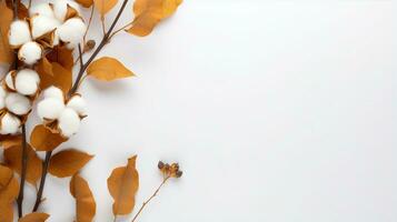 minimalistisk sammansättning av bomull grenar och höst löv på en vit bakgrund, topp se. generativ ai foto