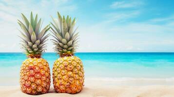 tvilling ananas med vibrerande texturer stående lång på en sandig strand mot en bakgrund av lugn blå hav vattnen. generativ ai foto