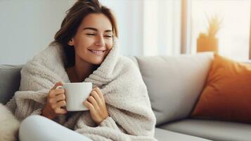 en leende kvinna insvept i en mysigt filt åtnjuter henne kaffe på en soffa, med solljus filtrering genom en fönster i de bakgrund. generativ ai foto
