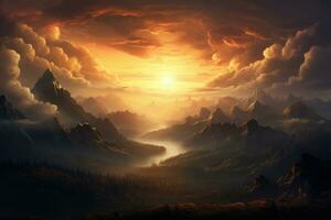 fantasi landskap med bergen och moln på solnedgång. 3d illustration, soluppgång över de berg, ai genererad foto