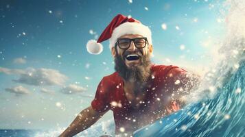 man surfing i santa claus kostym. jul semester begrepp. ai genererad bild. foto