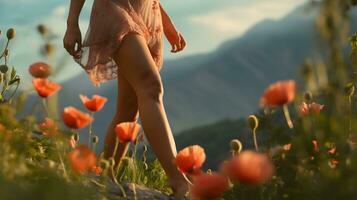 barfota ung kvinna gående genom de vallmo blommor fält. ai genererad bild. foto