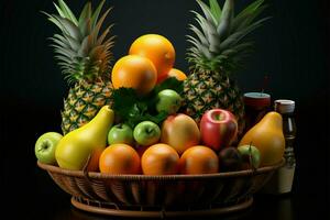 matvaror lista väsentliga orange, bananer, ananas, och äpple handla ai genererad foto