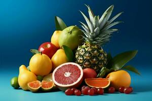 tropisk frukt Ingredienser uppsättning mot en uppfriskande blå bakgrund ai genererad foto