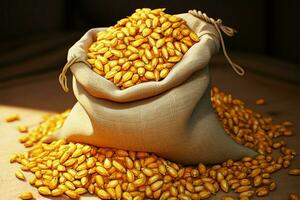 majs korn i en säck, presenteras med en realistisk tecknad serie stil ai genererad foto