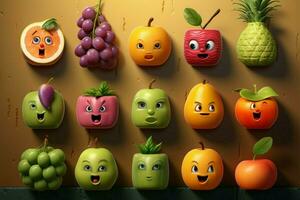 en olika räckvidd av frukt emojis till framföra annorlunda känslor ai genererad foto