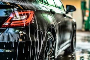 bil tvätta begrepp. närbild av svart sport bil med vatten droppar ai genererad foto