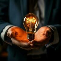 lysande Glödlampa i VD hand betecknar företag skarpsinnighet och påhittighet för social media posta storlek ai genererad foto