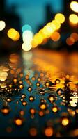 glas regndroppar fläck de stad på natt, ett atmosfärisk bakgrund vertikal mobil tapet ai genererad foto