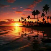 kust silhuett, handflatan träd mot hav solnedgång illustrerade lugn i skymning nyanser för social media posta storlek ai genererad foto