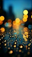 glas regndroppar fläck de stad på natt, ett atmosfärisk bakgrund vertikal mobil tapet ai genererad foto