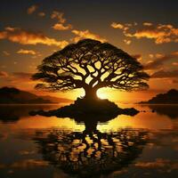 solnedgångar gåva träd silhuett Utsmyckad förbi solar gyllene strålar i skymningar duk för social media posta storlek ai genererad foto