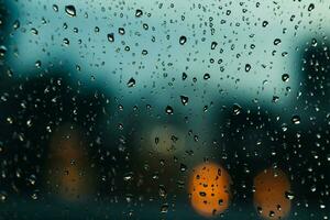 regn kysste Ruta glas fönster med regndroppar i de monsun säsong ai genererad foto