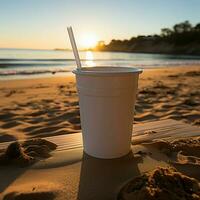 stranden dryck vit kaffe kopp med svart sugrör på sandig strand på soluppgång för social media posta storlek ai genererad foto