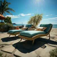 stranden uppskov schäs lounger erbjudande bekvämlighet mot de bakgrund av de hav för social media posta storlek ai genererad foto