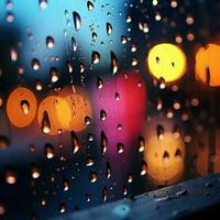 färgrik regndroppar på en fönster, nätter suddig ljus, abstrakt bakgrund för social media posta storlek ai genererad foto