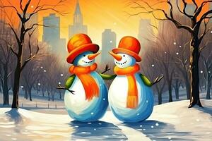 vykort med Lycklig par snowmen i en snöig parkera. söt karaktär. ai genererad foto