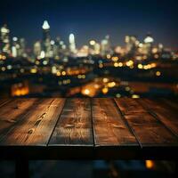 nattetid atmosfär trä- tabell med stad byggnader mjukt suddig i de bakgrund för social media posta storlek ai genererad foto