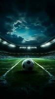 lysande spotlights kasta en dramatisk aura över de fotboll fält vertikal mobil tapet ai genererad foto