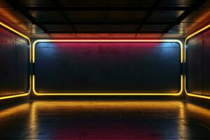 abstrakt neon lampor ram produkt placering mot en elegant betong bakgrund ai genererad foto