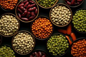 ett blandad samling av baljväxter och bönor i en visuellt behaglig visa ai genererad foto